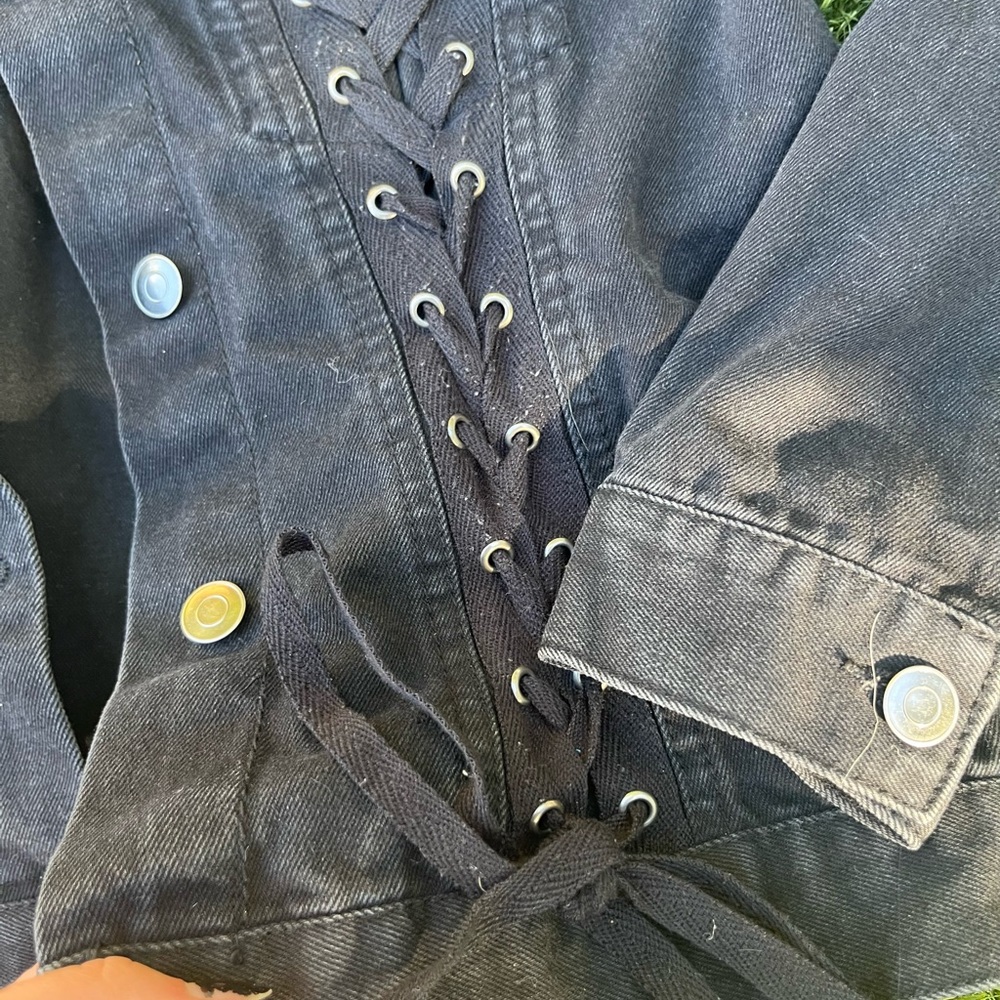 Black Denim Gromet Grunge Jean Jacket Love Tree - Picture 4 of 8
